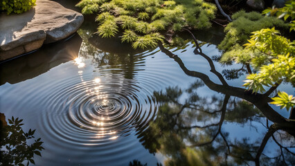 Naklejka premium Sunlit Ripples Reflecting Tree Branches in a Calm Pond