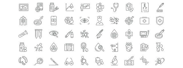 Clinical study, trials,research line icon set. Hospital, medicine, health care, health care, disease, treatment, research, science, biology, chemistry patients vector illustration.