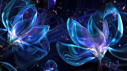 Abstract neon blue flowers glow against a dark background, resembling a dreamlike, ethereal landscape