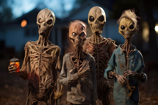 A group of eerie zombie figures standing together in a suburban setting
