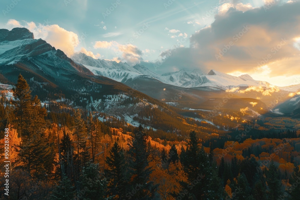 Poster A scenic view of a mountain range with trees in the foreground, suitable for use in travel or outdoor adventure themed projects