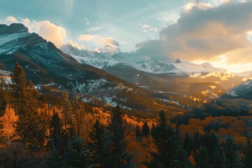 A scenic view of a mountain range with trees in the foreground, suitable for use in travel or outdoor adventure themed projects