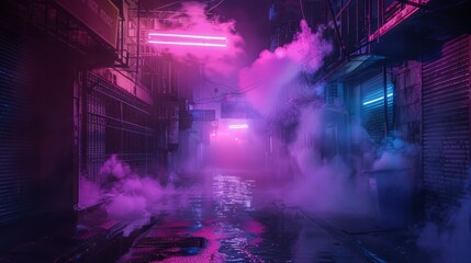 Dark street, night smog and smoke neon light. Dark background of the night city, ray of light in the dark. Gloomy dark background - generative ai
