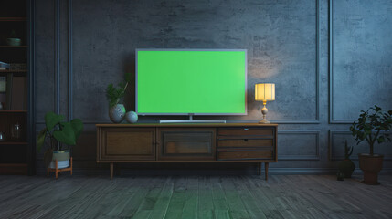 Green screen television. A TV with a green screen mounted on the wall.