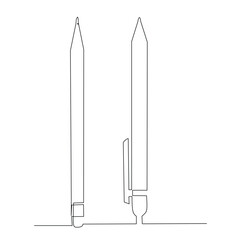 A Pencil and Pen continous line drawing. Back to school minimalist style. Education concept. Modern one line draw graphic design illustration
