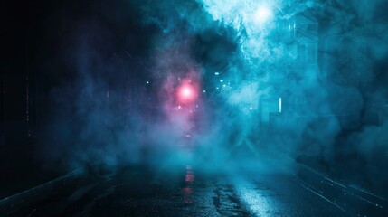 Dark street, night smog and smoke neon light. Dark background of the night city, ray of light in the dark. Gloomy dark background - generative ai