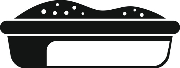 Black glyph icon of a full cat litter box overflowing with clumping sand