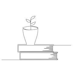 a potted plant on a stack of books. Work space table with books stack concept. Continuous single line draw design illustration