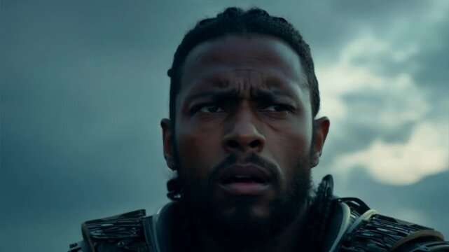 warrior, with tears falling from his face against a dramatic sky.