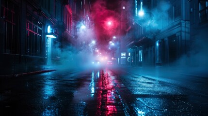 Dark street, night smog and smoke neon light. Dark background of the night city, ray of light in the dark. Gloomy dark background - generative ai