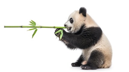 Fototapeta premium a panda eating bamboo tree isolated on white background