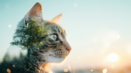 Double exposure image featuring a cat exploring outdoor landscapes, representing the charm and adventurous spirit of domesticated felines, sharp focus, vivid contrasts, soft lighting, dynamic and