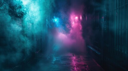 Fototapeta premium Dark street, night smog and smoke neon light. Dark background of the night city, ray of light in the dark. Gloomy dark background - generative ai