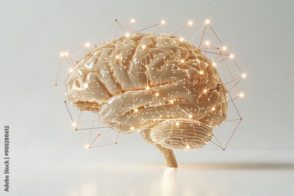 Poster digital brain model with glowing blue neural network and futuristic design