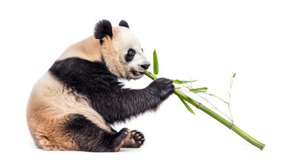 Naklejka premium a panda eating bamboo tree isolated on white background