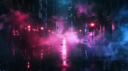 Fototapeta premium Dark street, night smog and smoke neon light. Dark background of the night city, ray of light in the dark. Gloomy dark background - generative ai
