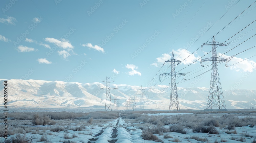 Poster a winter scene with a snow-covered field and power lines in the background, ideal for use in cold we