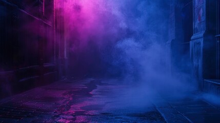 Dark street, night smog and smoke neon light. Dark background of the night city, ray of light in the dark. Gloomy dark background - generative ai