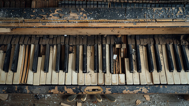 Piano keys, black and white, from an old piano. Close-up of the musical instrument. Disassembled, broken keyboard instrument, piano or grand piano, wood parts. Vintage, retro. Top view.