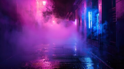 Dark street, night smog and smoke neon light. Dark background of the night city, ray of light in the dark. Gloomy dark background - generative ai