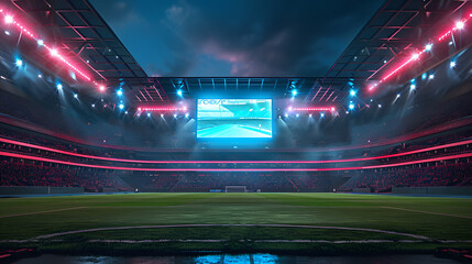 The tournament logo is displayed on the stadium scoreboard