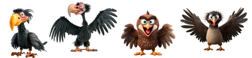 Fototapeta premium Animated Cartoon Birds with Various Expressions and Poses on Transparent Background