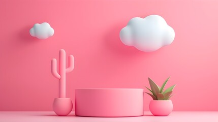 Minimal Empty Podium Geometry with Nursery Props in Pastel Pink Studio Scene for Product Presentation