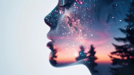 Fototapeta premium Discover the artistry of double exposure to showcase the vastness and beauty of the cosmos through intricate compositions.