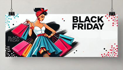 Black friday themed silhouette of a retro woman shopping