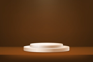 Abstract realistic 3D brown cylinder podium with spotlight effect. Brown background vector 3d with cream podium. Space for selling products on the website. Vector illustration.
