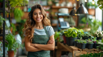 Confident young florist in cozy shop, arms crossed, beaming with pride at small business. Radiating happiness and success, tending vibrant plants, embodying entrepreneur spirit