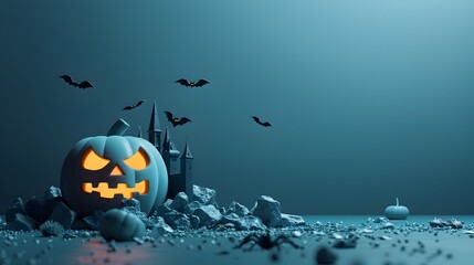 Minimalist Halloween Scene with Pumpkin,Castle and Bats for Product Presentation