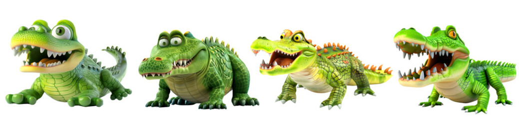 Fototapeta premium Cute Cartoon Alligators in Various Poses with Big Eyes and Friendly Expressions , on transparent background