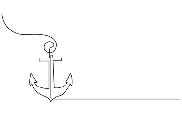 Continuous line drawing of sea anchor, Large sea anchor of the ship. Set of sea ocean elements. Continuous one line drawing of anchor banner. Linear style © Main
