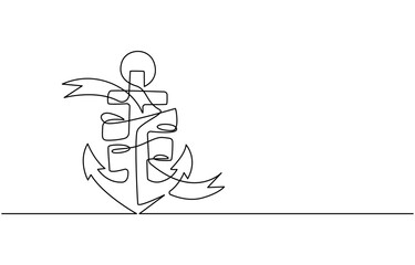 Continuous line drawing of sea anchor, Large sea anchor of the ship. Set of sea ocean elements. Continuous one line drawing of anchor banner. Linear style