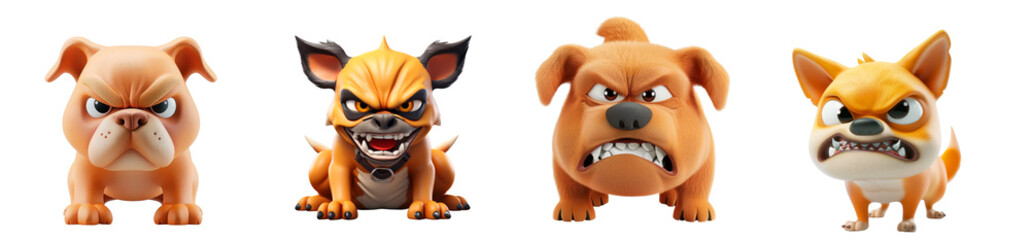 Fototapeta premium Four Cartoon Angry Dogs with Fierce Expressions and Different Breeds , on transparent background