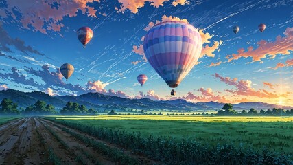 Fototapeta premium hot air balloons over fields anime