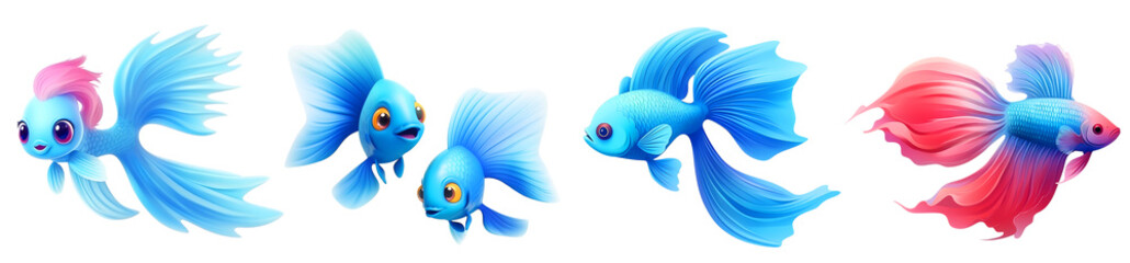 Vibrant Blue and Pink Betta Fish Illustrations with Flowing Fins , on transparent background