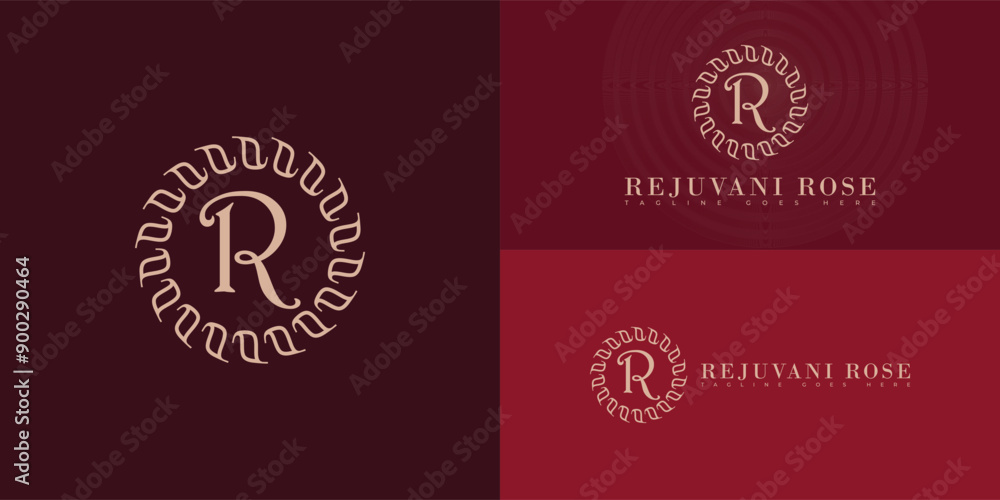 Poster abstract initial letter r or rr in gold color isolated on multiple background colors. the logo is su