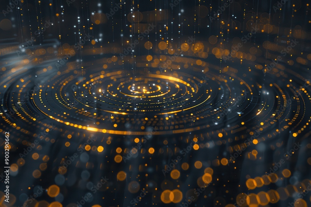 Poster circles in motion, with coding symbols displayed over falling dynamic numbers against a dark backgro