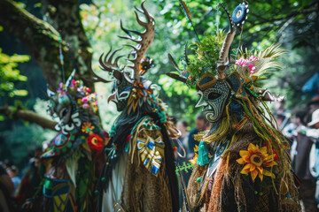 Creatures in colorful costumes gather beneath enchanted trees