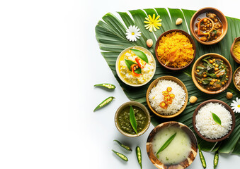 Traditional food Onam sadhya served on banana green leaf, south indian vegeterian meal arranged in traditional way. Onam Sadya vegetarian meal with rice and curries, kerala food, Kerala, india. 
