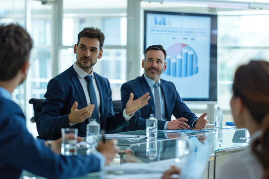 Confident entrepreneur pitches investors in sleek boardroom setting