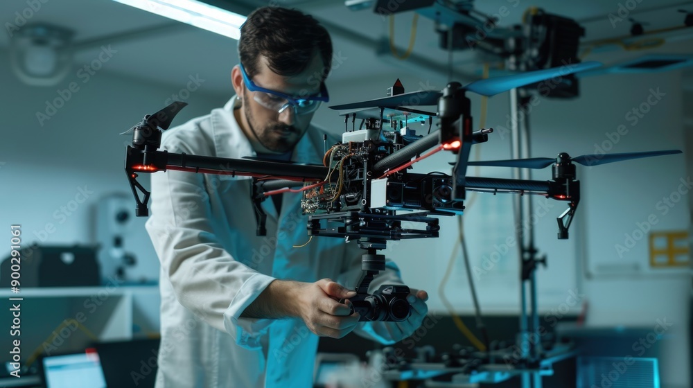 Aufkleber Man in a lab coat tinkering with machinery, possible research or experimentation scene
