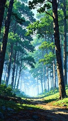 Fototapeta premium misty pine forest anime