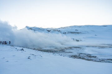 Steaming fumaroles at Hverir geothermal park near Lake Myvatn, Iceland