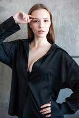 Woman wearing casual clothes poses on white background. Model agency snapshot