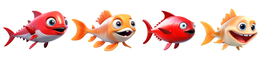 Colorful Cartoon Fish Characters with Expressive Faces and Vibrant Colors , on transparent background