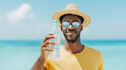 African American young man wearing straw hat and sun glass drinking water in plastic bottle on the beach and sea in summer vacation and holiday