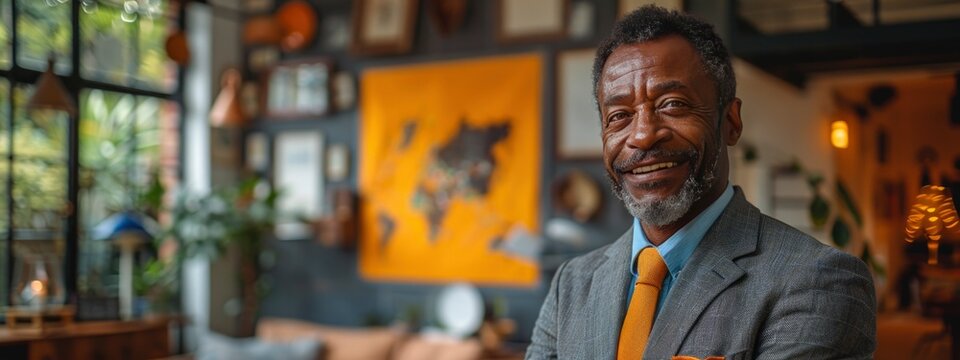 black , african american confident businessman in suite  looks at camera on blurry  background. Professional, successful concept. banner copy space
